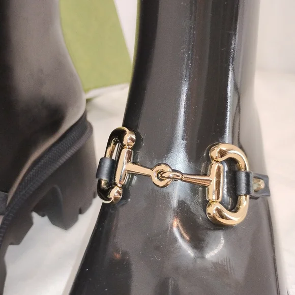 GUCCI Luxe Horse Bit Boots SNAKE ON BOTTOM! Black Rubber Snow or Rain - Picture 7 of 13